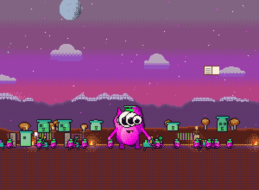 Pixel-art diorama from EVO·CLICK: a pink creature among small buildings under a purple sky
